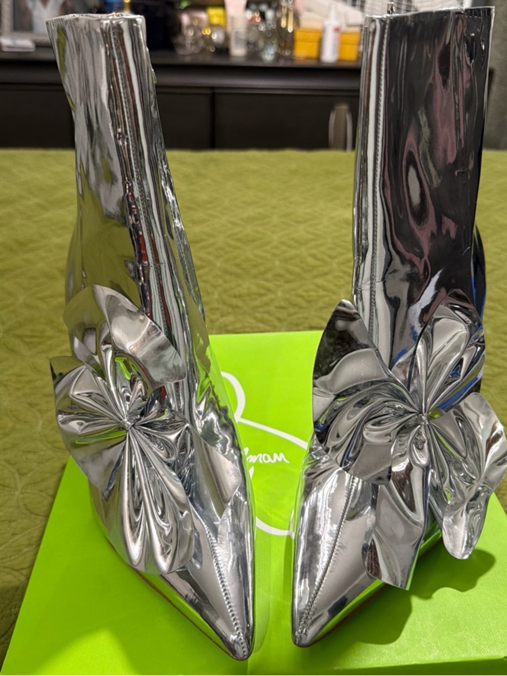 DKNY Silver Metallic Floral-Accent Pointed Toe Heeled Boots